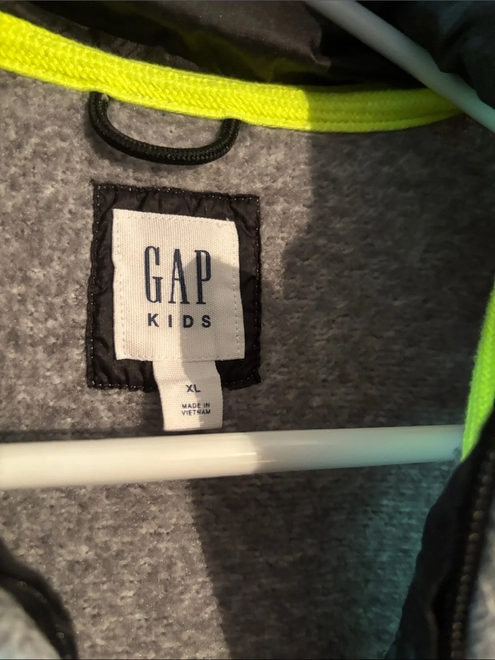GAP Gray Fleece Vest with Black Pocket and Neon Yellow Accent